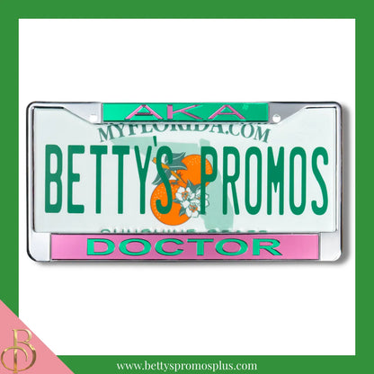 Alpha Kappa Alpha AKA Doctor Chrome Laser Engraved Mirrored Acrylic Auto Tag License Plate Frame-Pink Bottom-Alpha Kappa Alpha Paraphernalia-Alpha Kappa Alpha Auto Tag Frame-Betty's Promos Plus