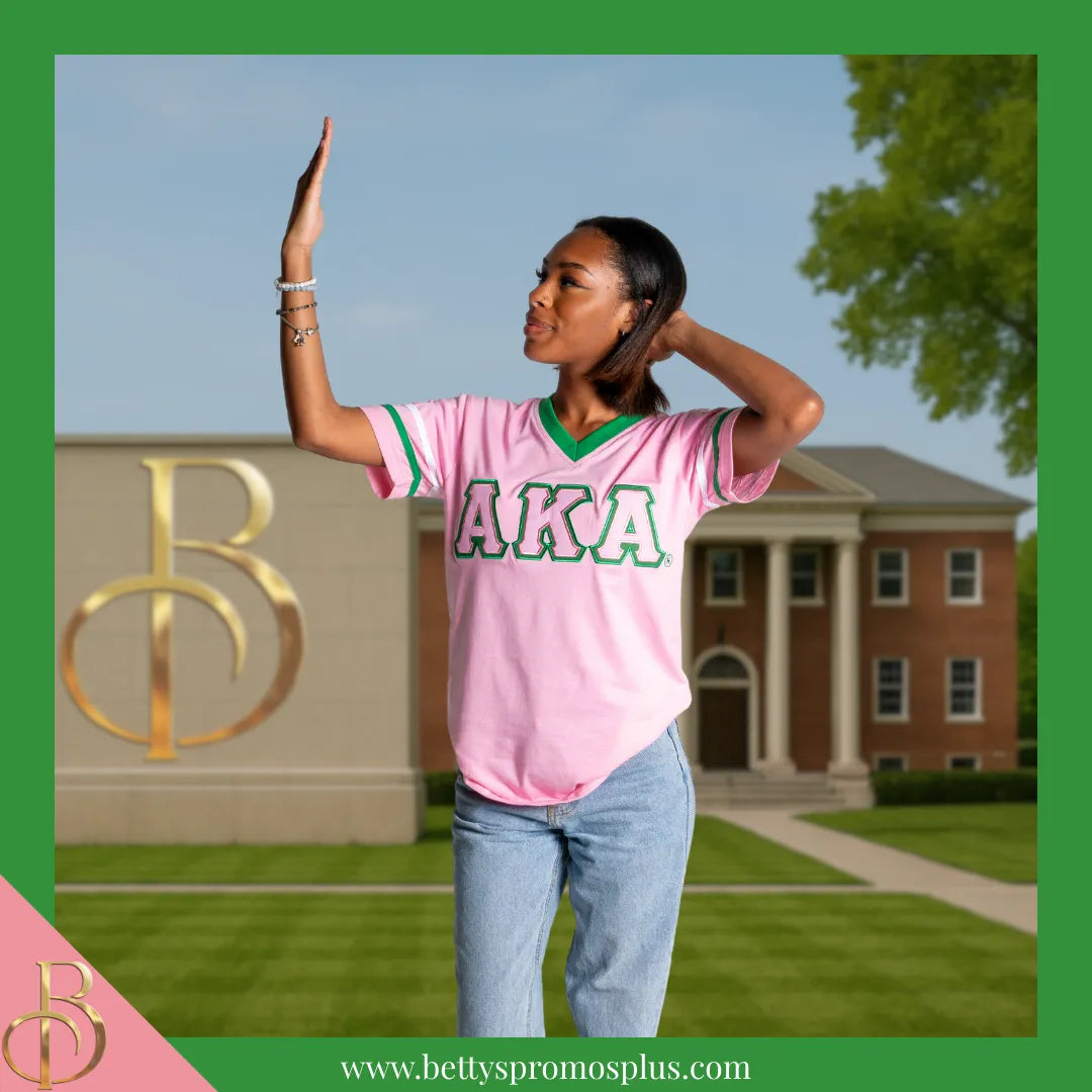 Alpha Kappa Alpha AKA Double Stitched Appliqué Embroidered Jersey T-Shirt-Alpha Kappa Alpha Paraphernalia-Alpha Kappa Alpha T-Shirts-Betty's Promos Plus