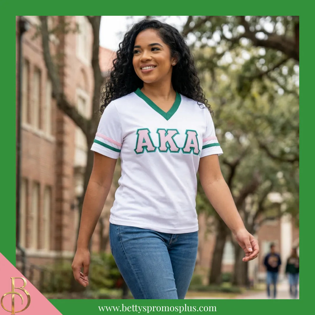 Alpha Kappa Alpha AKA Double Stitched Appliqué Embroidered Jersey T-Shirt-Alpha Kappa Alpha Paraphernalia-Alpha Kappa Alpha T-Shirts-Betty's Promos Plus