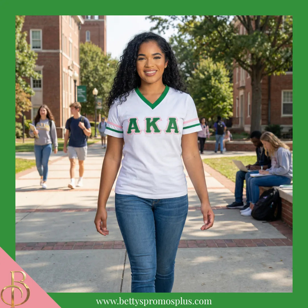 Alpha Kappa Alpha AKA Double Stitched Appliqué Embroidered Jersey T-Shirt-Alpha Kappa Alpha Paraphernalia-Alpha Kappa Alpha T-Shirts-Betty's Promos Plus