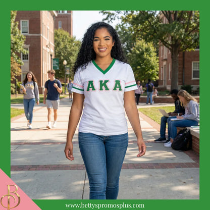 Alpha Kappa Alpha AKA Double Stitched Appliqué Embroidered Jersey T-Shirt-Alpha Kappa Alpha Paraphernalia-Alpha Kappa Alpha T-Shirts-Betty's Promos Plus