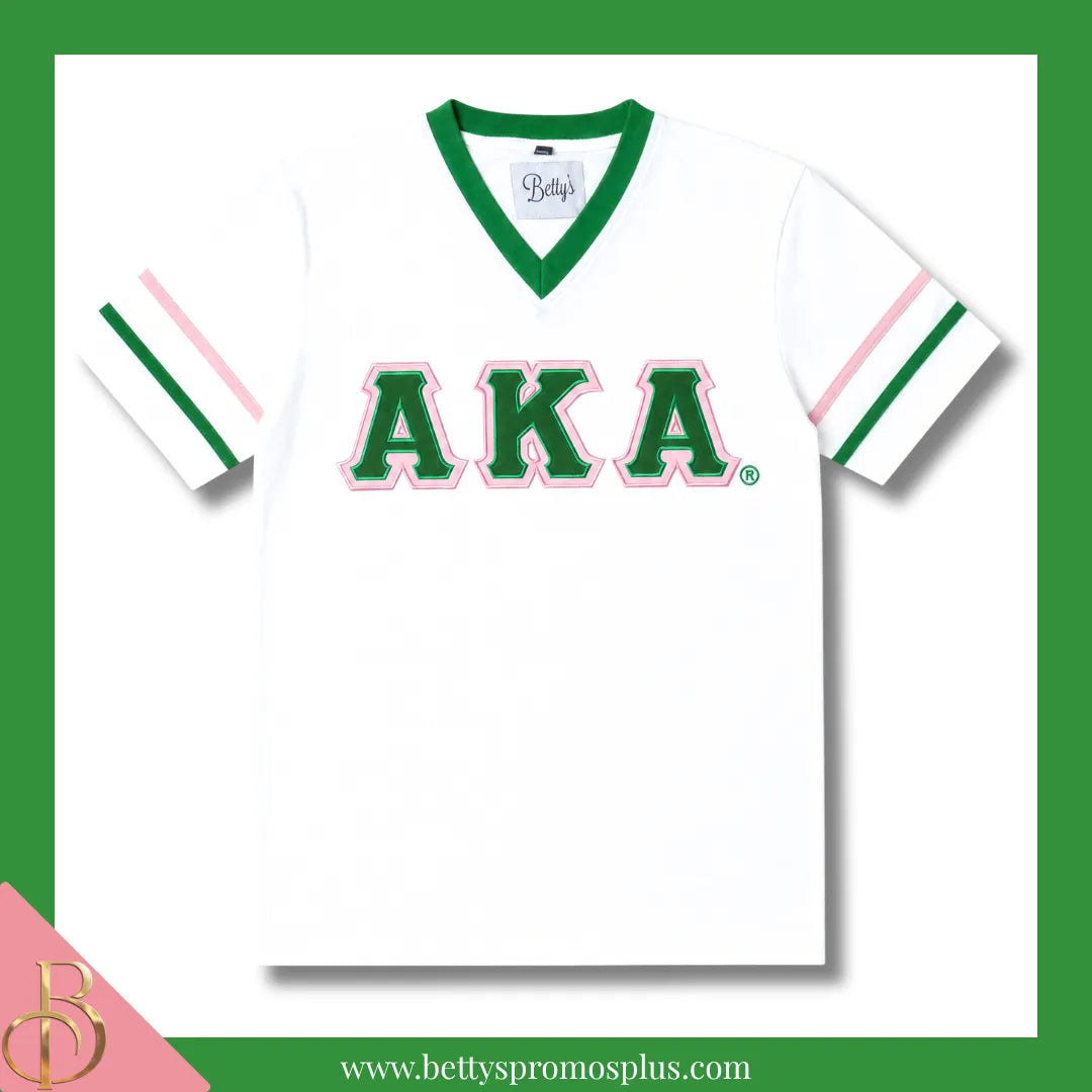 Alpha Kappa Alpha AKA Double Stitched Appliqué Embroidered Jersey T-Shirt-White w/ Green Letters-Small-Alpha Kappa Alpha Paraphernalia-Alpha Kappa Alpha T-Shirts-Betty's Promos Plus
