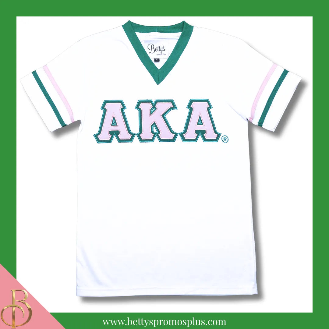 Alpha Kappa Alpha AKA Double Stitched Appliqué Embroidered Jersey T-Shirt-White w/ Pink Letters-Small-Alpha Kappa Alpha Paraphernalia-Alpha Kappa Alpha T-Shirts-Betty's Promos Plus