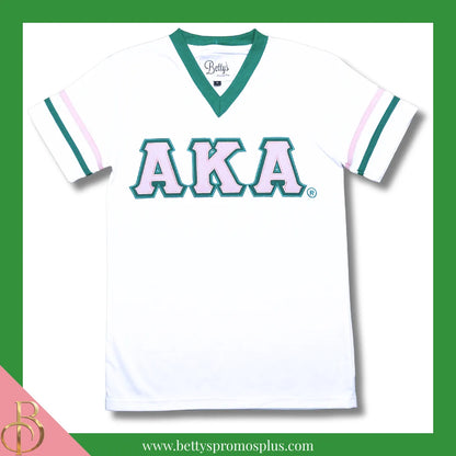 Alpha Kappa Alpha AKA Double Stitched Appliqué Embroidered Jersey T-Shirt-White w/ Pink Letters-Small-Alpha Kappa Alpha Paraphernalia-Alpha Kappa Alpha T-Shirts-Betty's Promos Plus