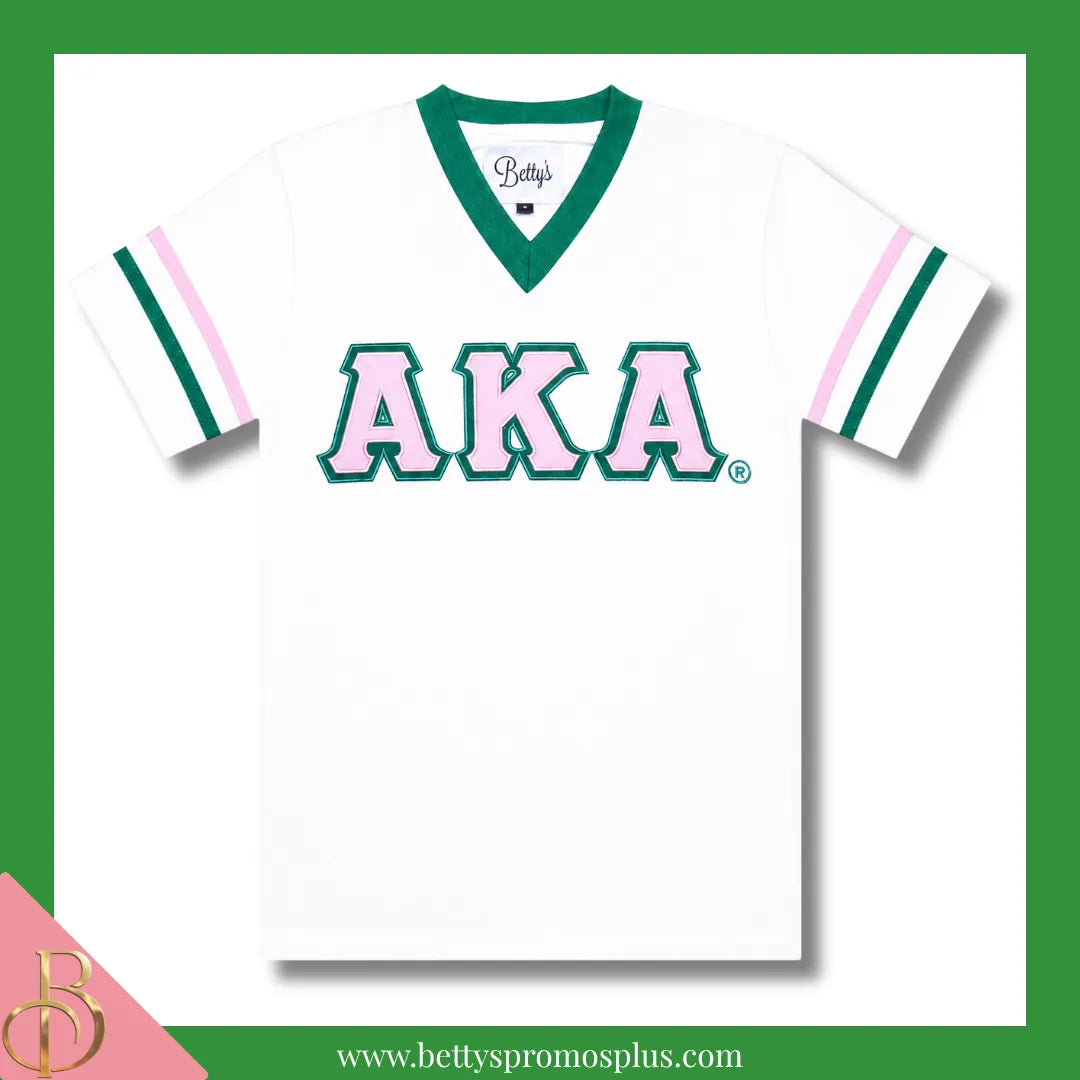 Alpha Kappa Alpha AKA Double Stitched Appliqué Embroidered Jersey T-Shirt-White w/ Pink Letters-Small-Alpha Kappa Alpha Paraphernalia-Alpha Kappa Alpha T-Shirts-Betty's Promos Plus