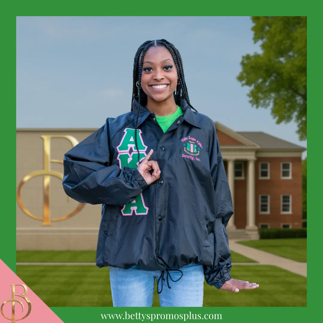 Alpha Kappa Alpha AKA Double-Stitched Embroidered Windbreaker Line Jacket-Alpha Kappa Alpha Paraphernalia-Alpha Kappa Alpha Line Jacket-Betty's Promos Plus