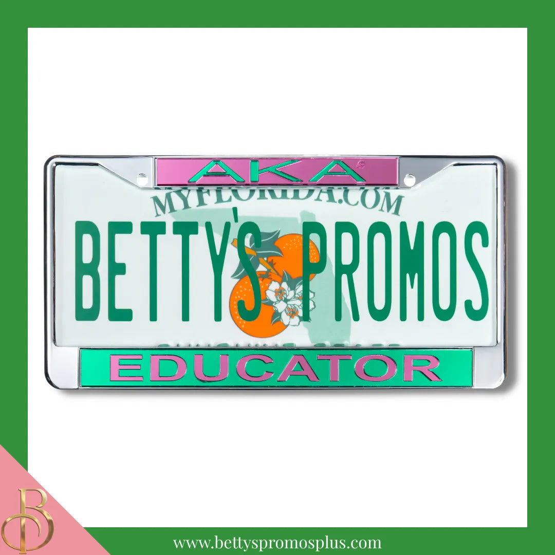 Alpha Kappa Alpha AKA Educator Chrome Laser Engraved Mirrored Acrylic Auto Tag License Plate Frame-Alpha Kappa Alpha Paraphernalia-Alpha Kappa Alpha Auto Tag Frame-Betty's Promos Plus