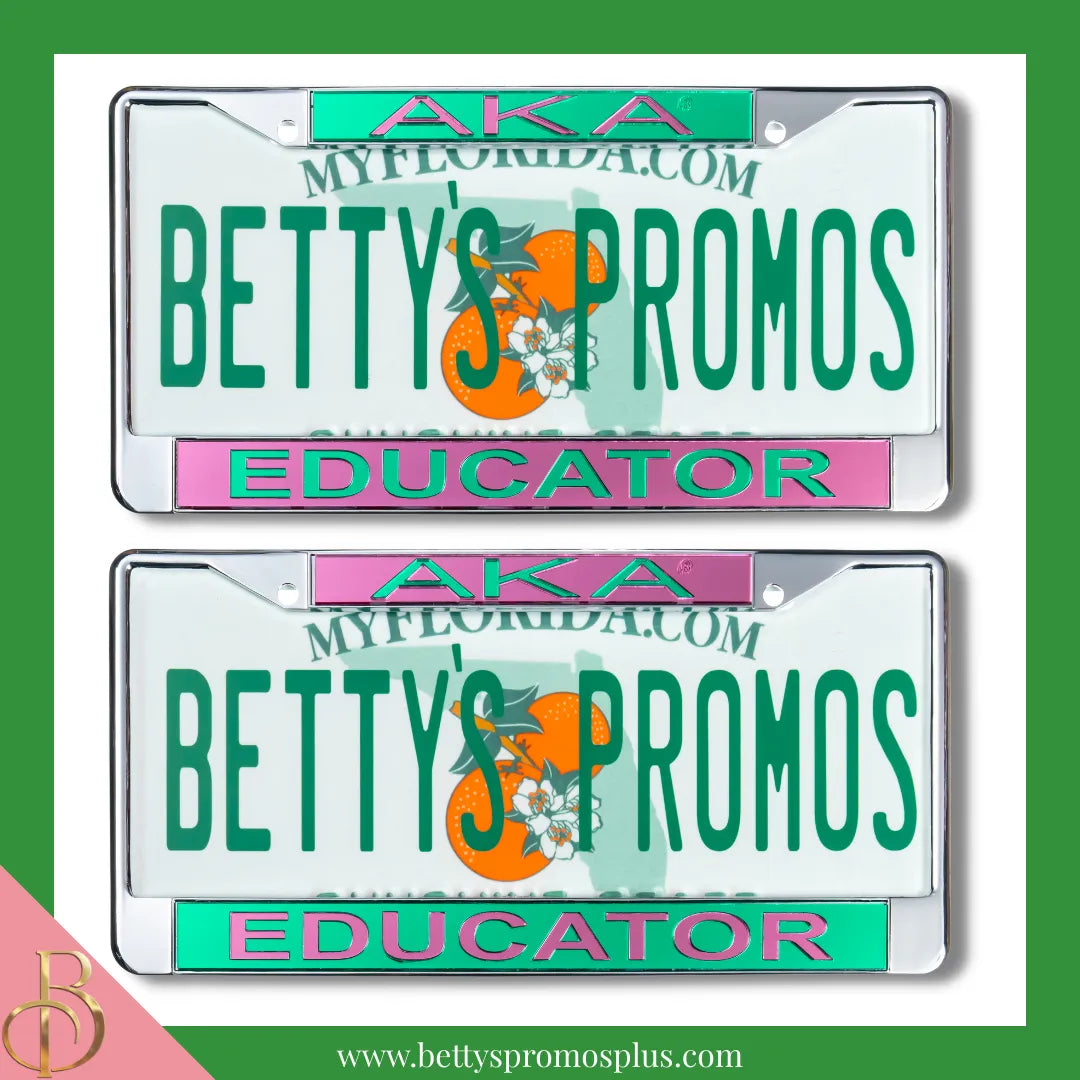 Alpha Kappa Alpha AKA Educator Chrome Laser Engraved Mirrored Acrylic Auto Tag License Plate Frame-Alpha Kappa Alpha Paraphernalia-Alpha Kappa Alpha Auto Tag Frame-Betty's Promos Plus
