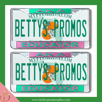 Alpha Kappa Alpha AKA Educator Chrome Laser Engraved Mirrored Acrylic Auto Tag License Plate Frame-Alpha Kappa Alpha Paraphernalia-Alpha Kappa Alpha Auto Tag Frame-Betty's Promos Plus