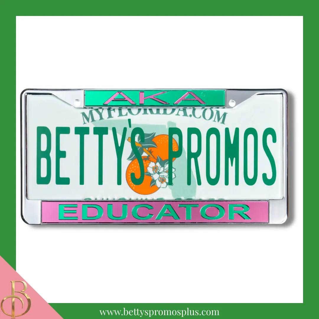 Alpha Kappa Alpha AKA Educator Chrome Laser Engraved Mirrored Acrylic Auto Tag License Plate Frame-Pink Bottom-Alpha Kappa Alpha Paraphernalia-Alpha Kappa Alpha Auto Tag Frame-Betty's Promos Plus