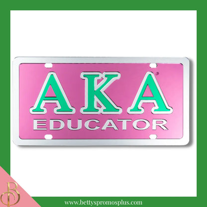Alpha Kappa Alpha AKA Educator Laser Engraved Mirrored Acrylic Auto Tag License Plate-Pink Background-Alpha Kappa Alpha Paraphernalia-Alpha Kappa Alpha Auto Tag-Betty's Promos Plus