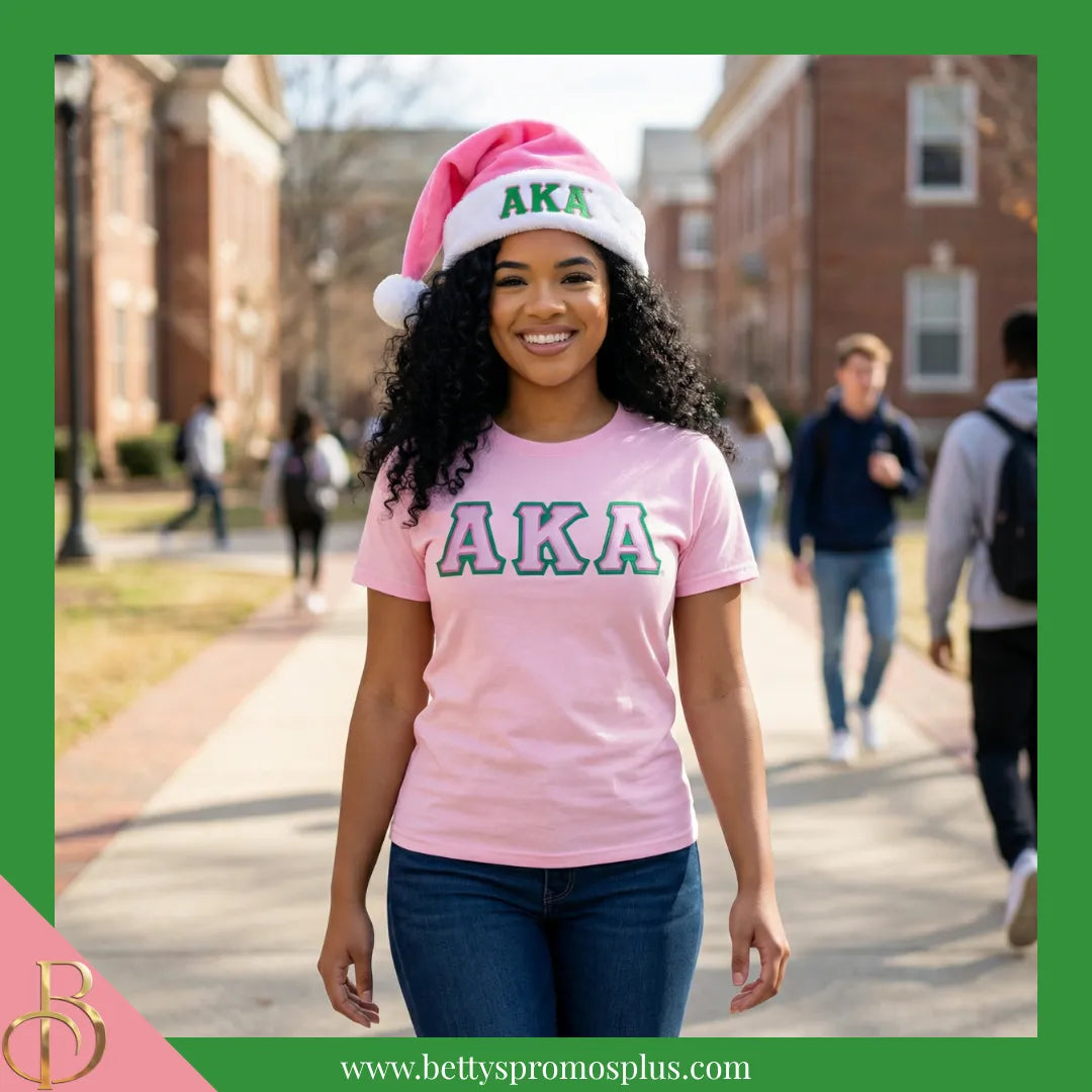 Alpha Kappa Alpha AKA Embroidered Greek Letters Deluxe Santa Hat-Alpha Kappa Alpha Paraphernalia-Alpha Kappa Alpha Hats-Betty's Promos Plus