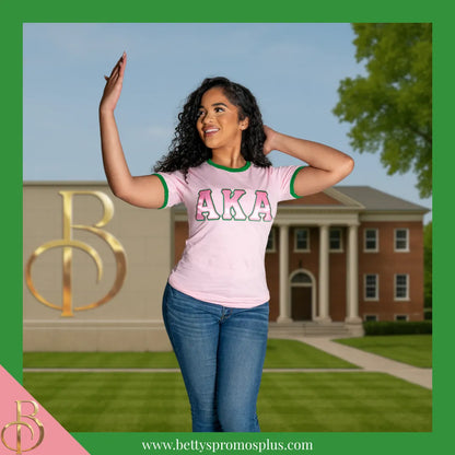 Alpha Kappa Alpha AKA Embroidered Ringer T-Shirt-Alpha Kappa Alpha Paraphernalia-Alpha Kappa Alpha T-Shirts-Betty's Promos Plus