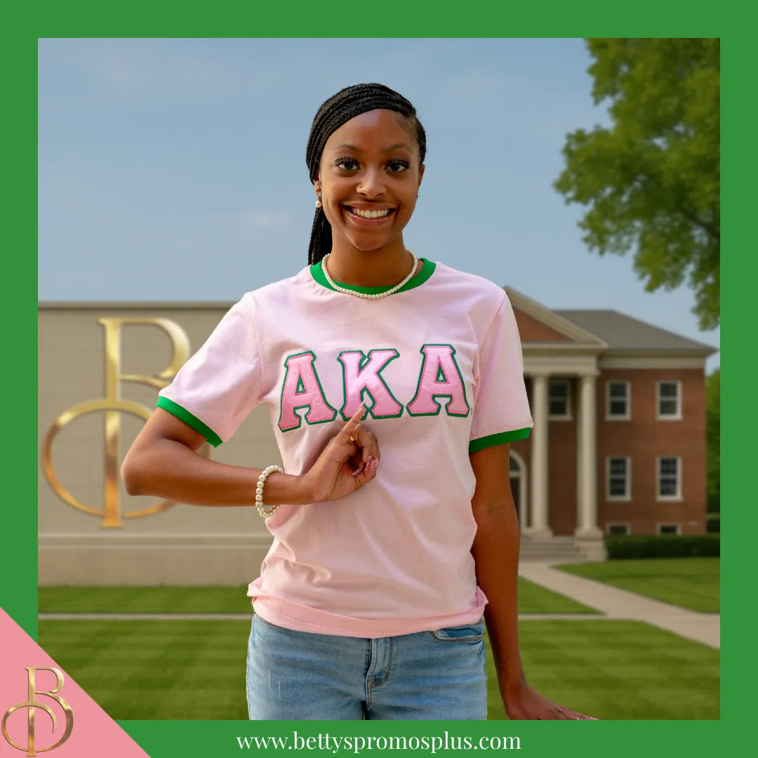 Alpha Kappa Alpha AKA Embroidered Ringer T-Shirt-Alpha Kappa Alpha Paraphernalia-Alpha Kappa Alpha T-Shirts-Betty's Promos Plus