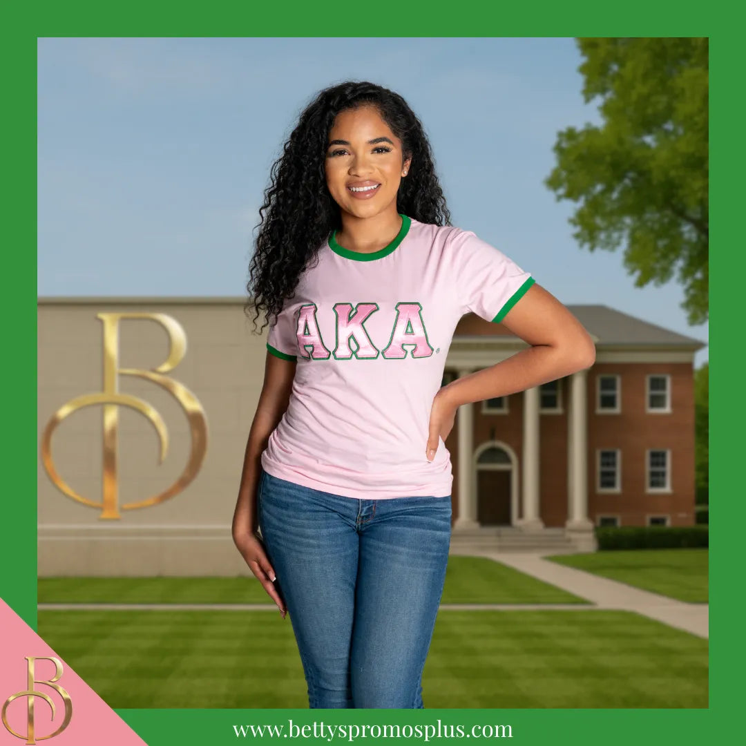 Alpha Kappa Alpha AKA Embroidered Ringer T-Shirt-Alpha Kappa Alpha Paraphernalia-Alpha Kappa Alpha T-Shirts-Betty's Promos Plus