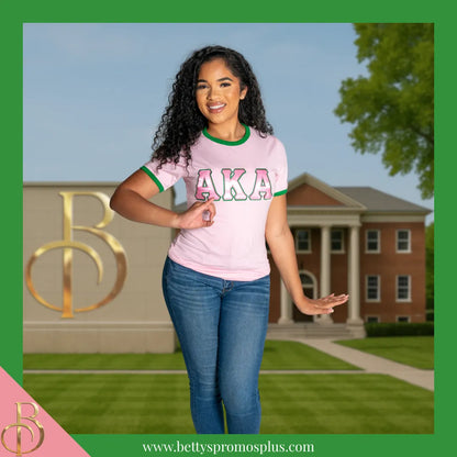 Alpha Kappa Alpha AKA Embroidered Ringer T-Shirt-Alpha Kappa Alpha Paraphernalia-Alpha Kappa Alpha T-Shirts-Betty's Promos Plus