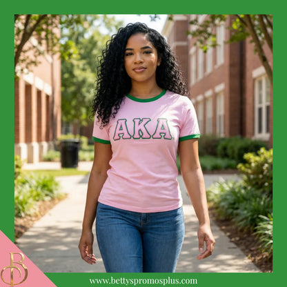 Alpha Kappa Alpha AKA Embroidered Ringer T-Shirt-Alpha Kappa Alpha Paraphernalia-Alpha Kappa Alpha T-Shirts-Betty's Promos Plus