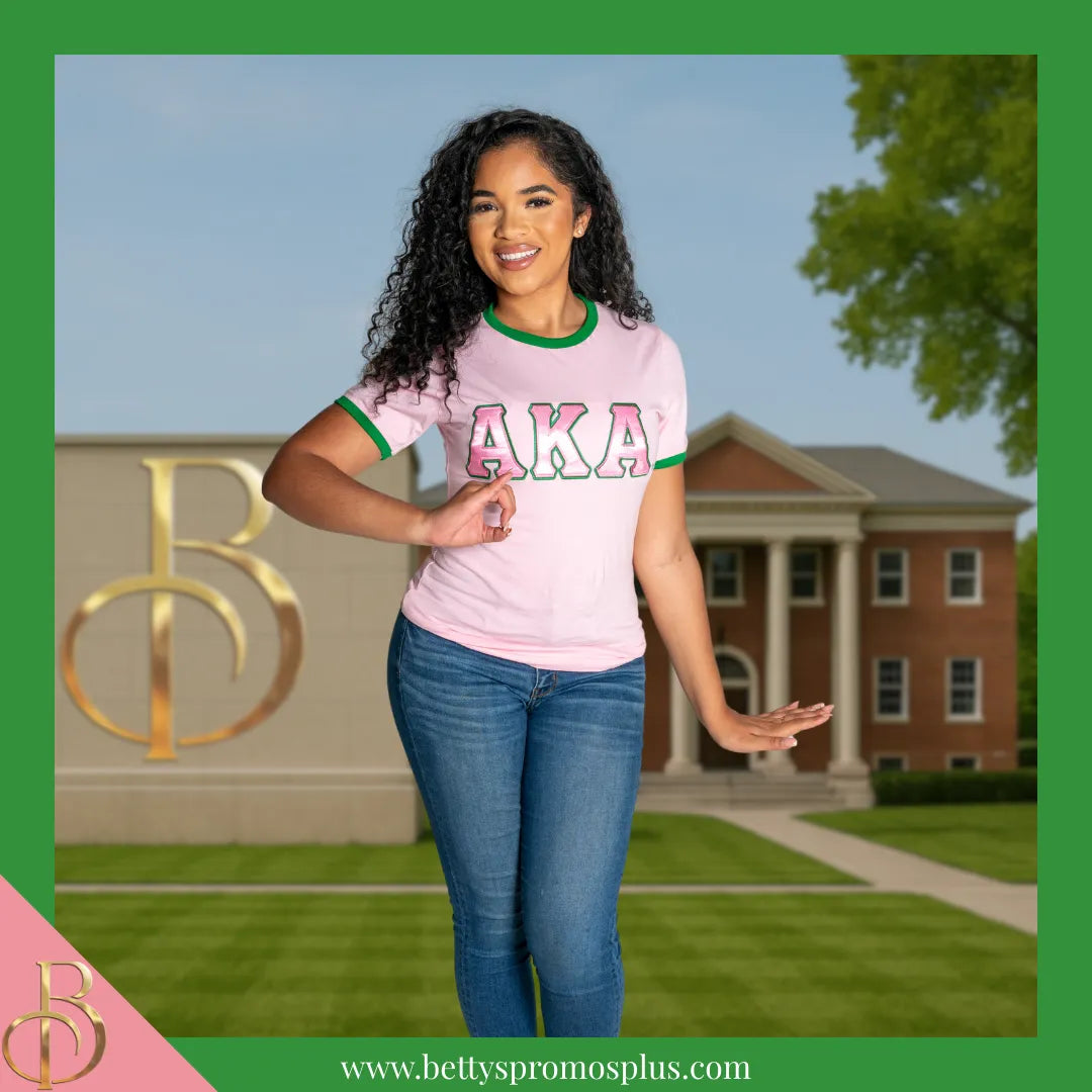 Alpha Kappa Alpha AKA Embroidered Ringer T-Shirt-Alpha Kappa Alpha Paraphernalia-Alpha Kappa Alpha T-Shirts-Betty's Promos Plus