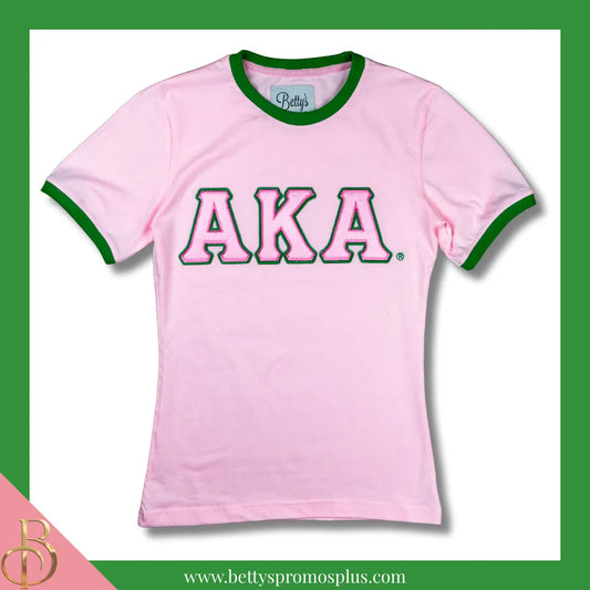 Alpha Kappa Alpha AKA Embroidered Ringer T-Shirt-Pink-Small-Alpha Kappa Alpha Paraphernalia-Alpha Kappa Alpha T-Shirts-Betty's Promos Plus