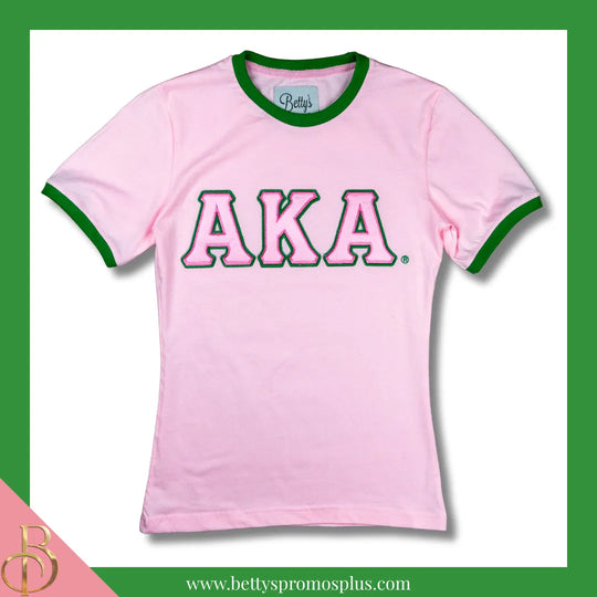 Alpha Kappa Alpha AKA Embroidered Ringer T-Shirt-Pink-Small-Alpha Kappa Alpha Paraphernalia-Alpha Kappa Alpha T-Shirts-Betty's Promos Plus