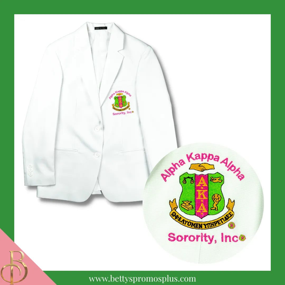 Alpha Kappa Alpha AKA Embroidered Shield Crest Blazer Sport Coat in Black or White-White-Regular-4-Alpha Kappa Alpha Paraphernalia-Alpha Kappa Alpha Blazers-Betty's Promos Plus