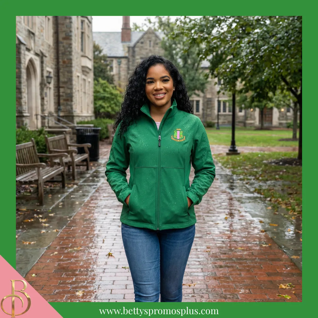 Alpha Kappa Alpha AKA Embroidered Shield Full-Zip Water Resistant Rain Jacket-Alpha Kappa Alpha Paraphernalia-Alpha Kappa Alpha Rain Coats-Betty's Promos Plus