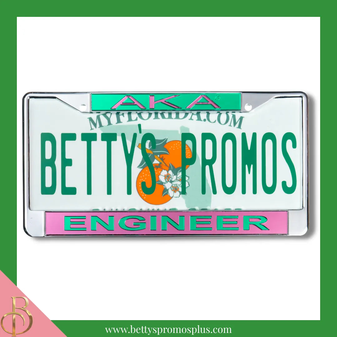 Alpha Kappa Alpha AKA Engineer Chrome Laser Engraved Mirrored Acrylic Auto Tag License Plate Frame-Alpha Kappa Alpha Paraphernalia-Alpha Kappa Alpha Auto Tag Frame-Betty's Promos Plus