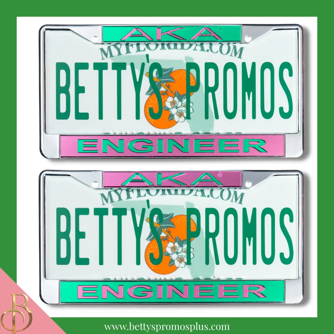 Alpha Kappa Alpha AKA Engineer Chrome Laser Engraved Mirrored Acrylic Auto Tag License Plate Frame-Alpha Kappa Alpha Paraphernalia-Alpha Kappa Alpha Auto Tag Frame-Betty's Promos Plus