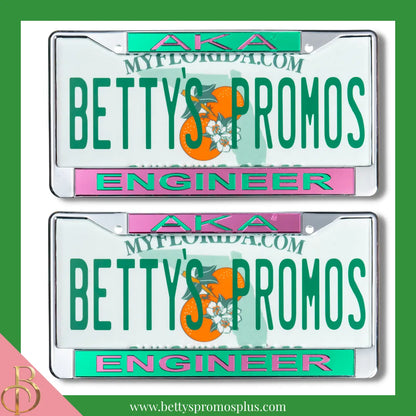 Alpha Kappa Alpha AKA Engineer Chrome Laser Engraved Mirrored Acrylic Auto Tag License Plate Frame-Alpha Kappa Alpha Paraphernalia-Alpha Kappa Alpha Auto Tag Frame-Betty's Promos Plus