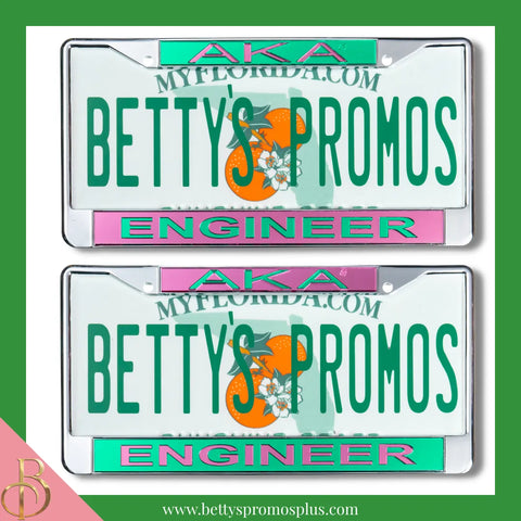 Alpha Kappa Alpha AKA Engineer Chrome Laser Engraved Mirrored Acrylic Auto Tag License Plate Frame-Alpha Kappa Alpha Paraphernalia-Alpha Kappa Alpha Auto Tag Frame-Betty's Promos Plus