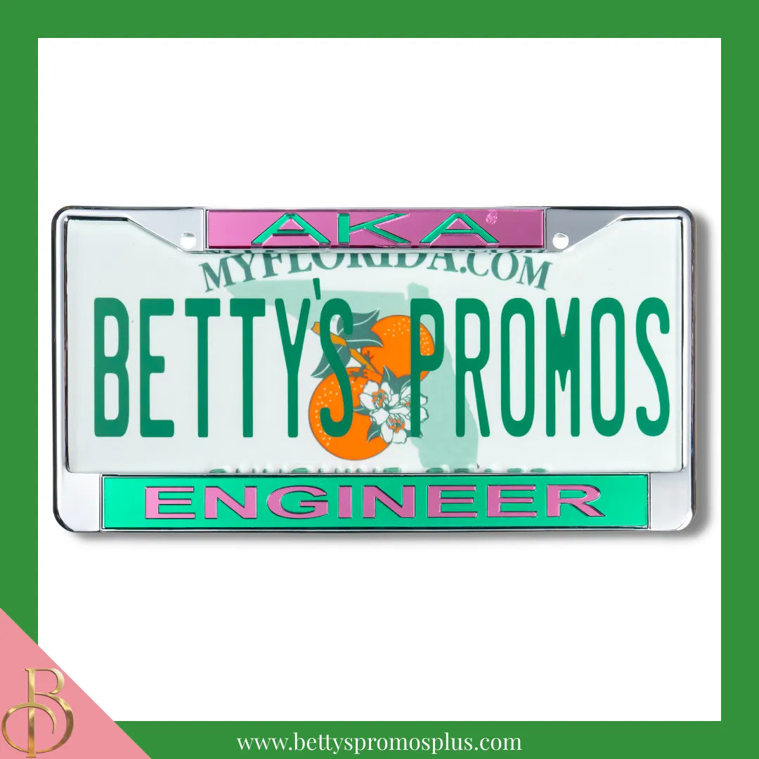 Alpha Kappa Alpha AKA Engineer Chrome Laser Engraved Mirrored Acrylic Auto Tag License Plate Frame-Green Bottom-Alpha Kappa Alpha Paraphernalia-Alpha Kappa Alpha Auto Tag Frame-Betty's Promos Plus