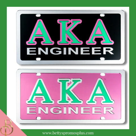 Alpha Kappa Alpha AKA Engineer Laser Engraved Mirrored Acrylic Auto Tag License Plate-Alpha Kappa Alpha Paraphernalia-Alpha Kappa Alpha Auto Tag-Betty's Promos Plus