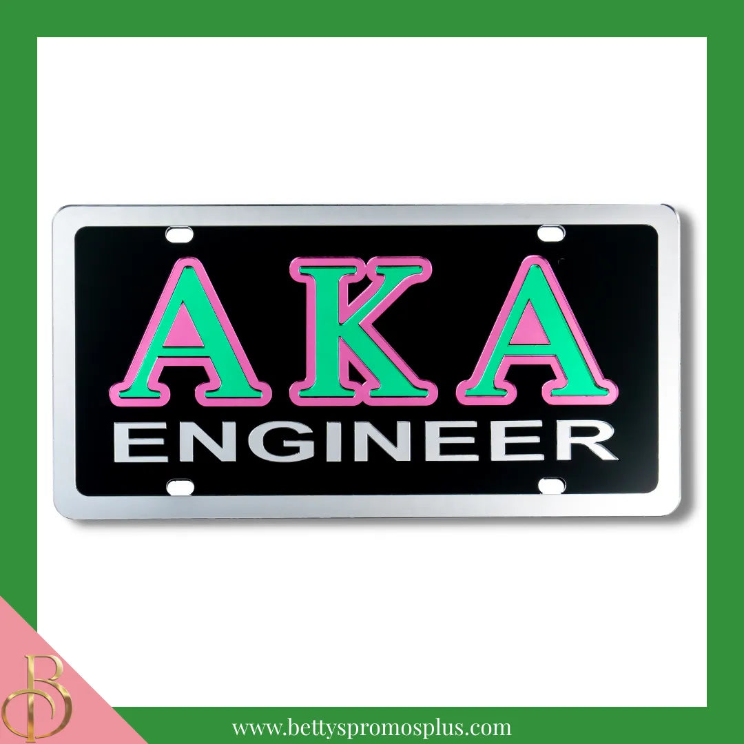 Alpha Kappa Alpha AKA Engineer Laser Engraved Mirrored Acrylic Auto Tag License Plate-Black-Alpha Kappa Alpha Paraphernalia-Alpha Kappa Alpha Auto Tag-Betty's Promos Plus