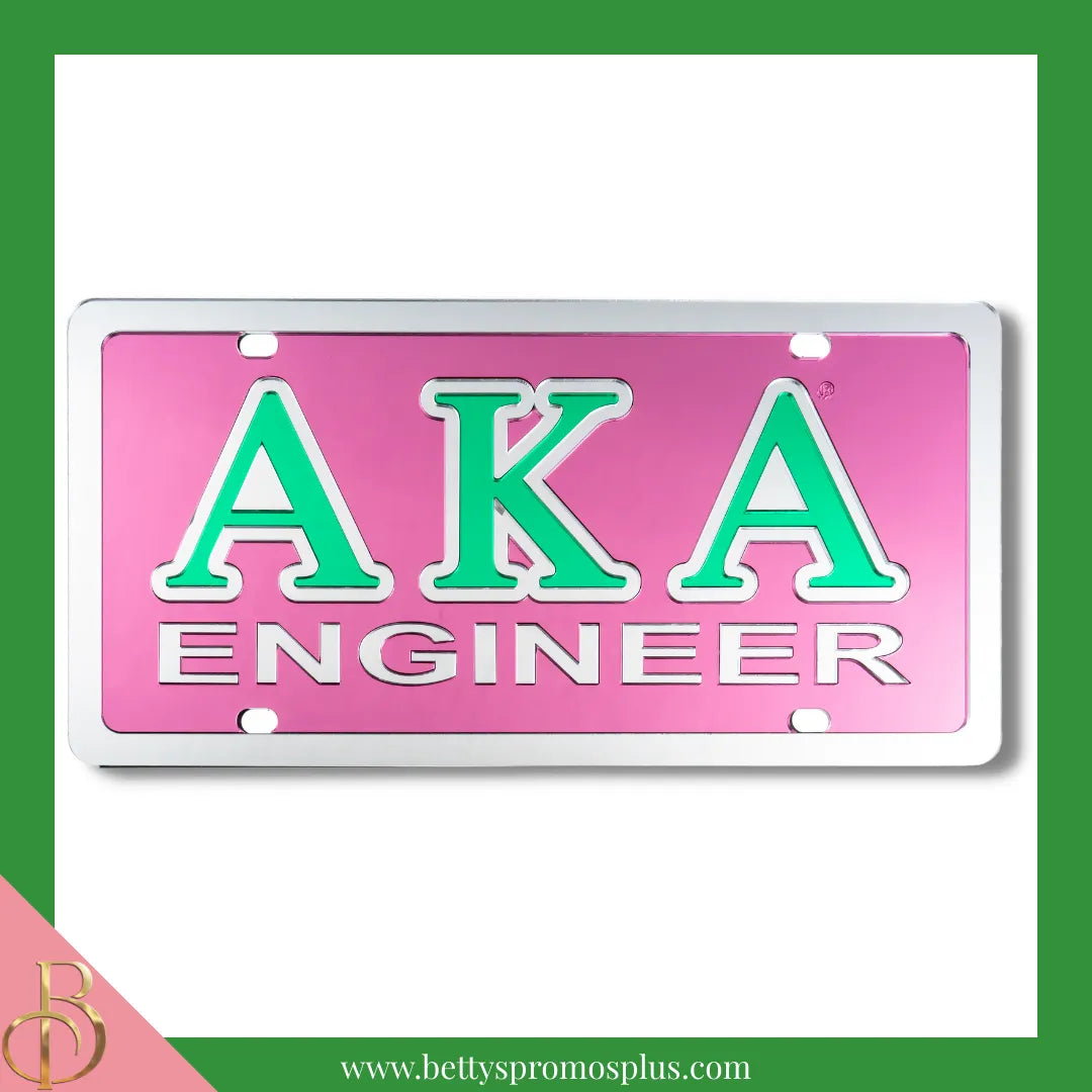 Alpha Kappa Alpha AKA Engineer Laser Engraved Mirrored Acrylic Auto Tag License Plate-Pink-Alpha Kappa Alpha Paraphernalia-Alpha Kappa Alpha Auto Tag-Betty's Promos Plus