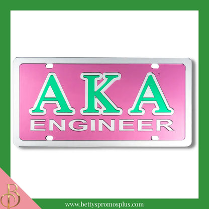 Alpha Kappa Alpha AKA Engineer Laser Engraved Mirrored Acrylic Auto Tag License Plate-Pink-Alpha Kappa Alpha Paraphernalia-Alpha Kappa Alpha Auto Tag-Betty's Promos Plus