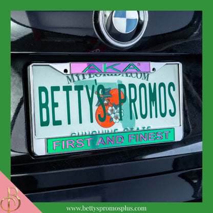 Alpha Kappa Alpha AKA First and Finest Chrome Laser Engraved Mirrored Acrylic Auto Tag License Plate Frame-Alpha Kappa Alpha Paraphernalia-Alpha Kappa Alpha Auto Tag Frame-Betty's Promos Plus