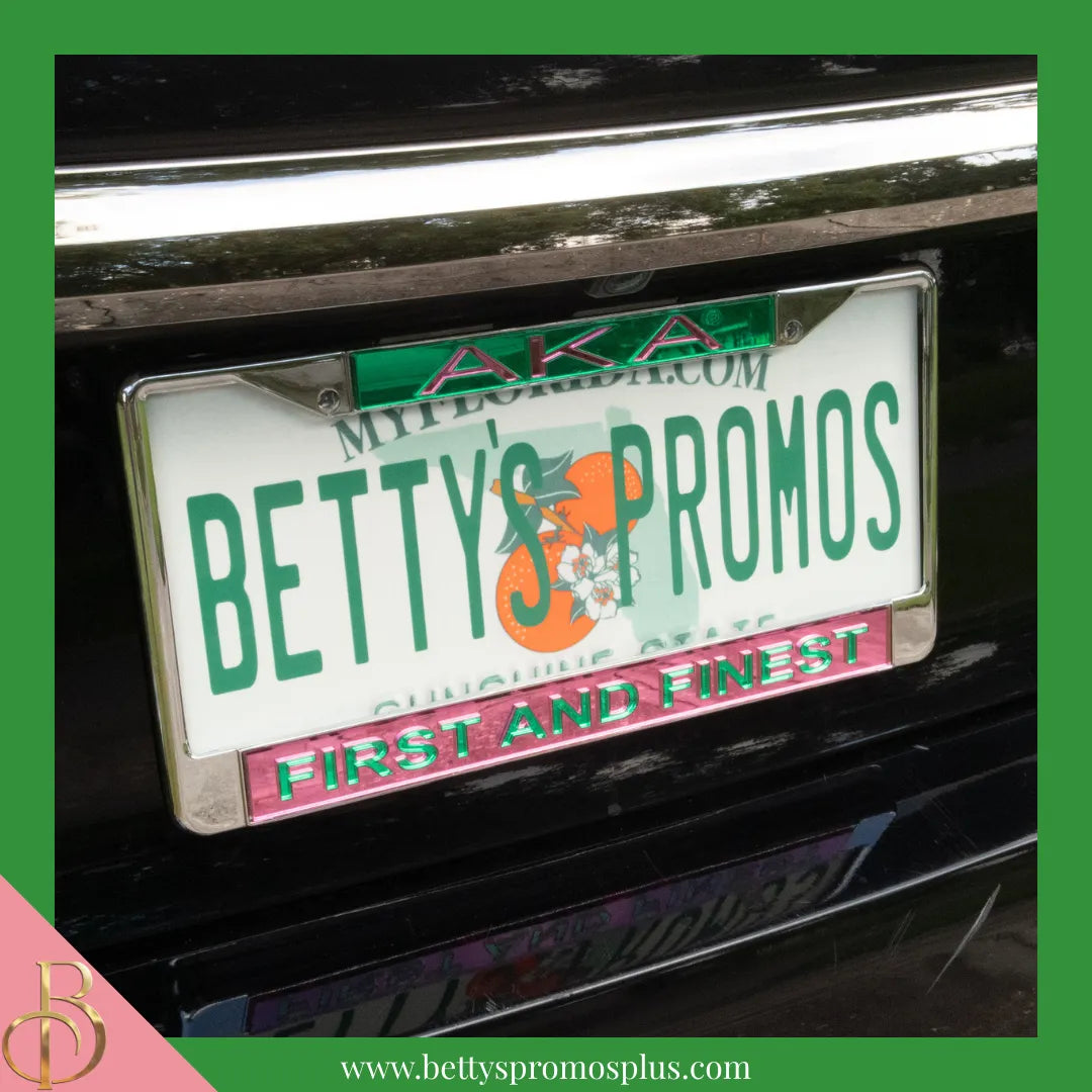 Alpha Kappa Alpha AKA First and Finest Chrome Laser Engraved Mirrored Acrylic Auto Tag License Plate Frame-Alpha Kappa Alpha Paraphernalia-Alpha Kappa Alpha Auto Tag Frame-Betty's Promos Plus