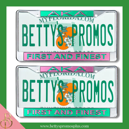 Alpha Kappa Alpha AKA First and Finest Chrome Laser Engraved Mirrored Acrylic Auto Tag License Plate Frame-Alpha Kappa Alpha Paraphernalia-Alpha Kappa Alpha Auto Tag Frame-Betty's Promos Plus