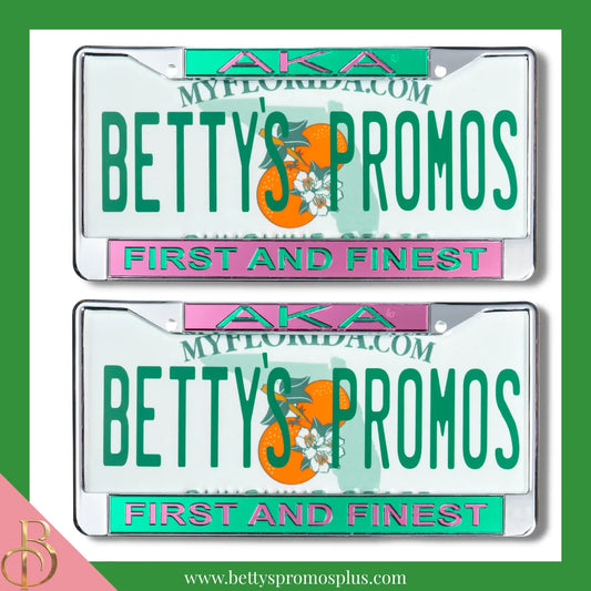 Alpha Kappa Alpha AKA First and Finest Chrome Laser Engraved Mirrored Acrylic Auto Tag License Plate Frame-Alpha Kappa Alpha Paraphernalia-Alpha Kappa Alpha Auto Tag Frame-Betty's Promos Plus