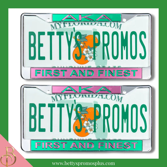 Alpha Kappa Alpha AKA First and Finest Chrome Laser Engraved Mirrored Acrylic Auto Tag License Plate Frame-Alpha Kappa Alpha Paraphernalia-Alpha Kappa Alpha Auto Tag Frame-Betty's Promos Plus