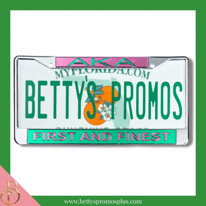 Alpha Kappa Alpha AKA First and Finest Chrome Laser Engraved Mirrored Acrylic Auto Tag License Plate Frame-Green Bottom-Alpha Kappa Alpha Paraphernalia-Alpha Kappa Alpha Auto Tag Frame-Betty's Promos Plus