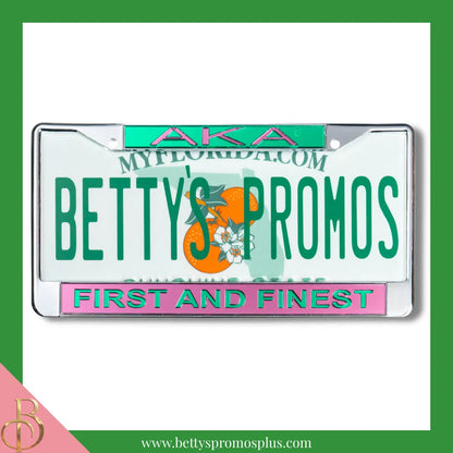 Alpha Kappa Alpha AKA First and Finest Chrome Laser Engraved Mirrored Acrylic Auto Tag License Plate Frame-Pink Bottom-Alpha Kappa Alpha Paraphernalia-Alpha Kappa Alpha Auto Tag Frame-Betty's Promos Plus