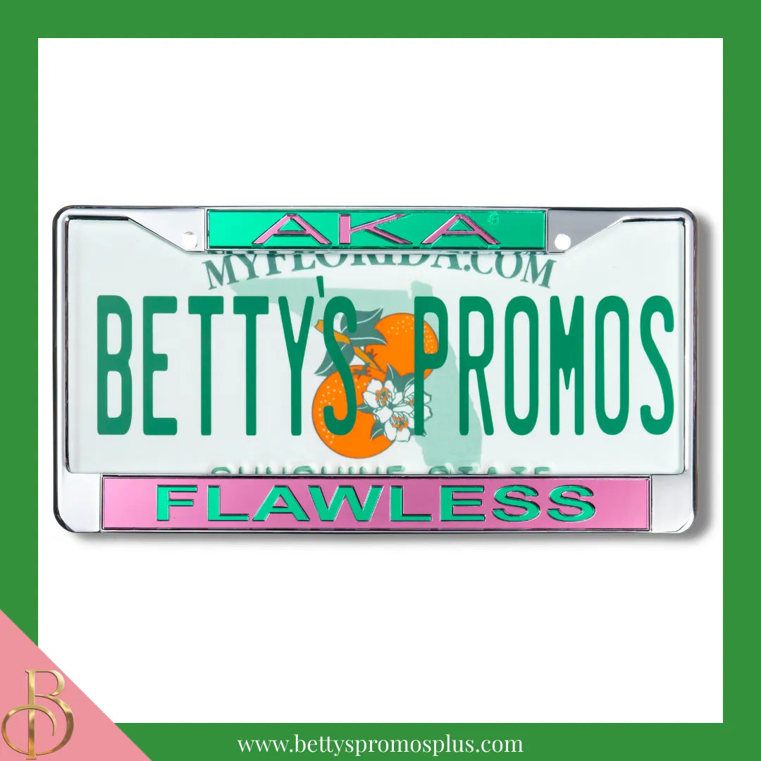 Alpha Kappa Alpha AKA Flawless Chrome Laser Engraved Mirrored Acrylic Auto Tag License Plate Frame-Alpha Kappa Alpha Paraphernalia-Alpha Kappa Alpha Auto Tag Frame-Betty's Promos Plus