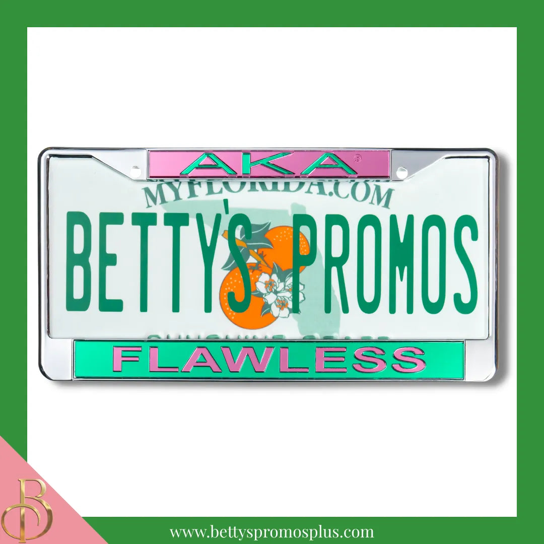 Alpha Kappa Alpha AKA Flawless Chrome Laser Engraved Mirrored Acrylic Auto Tag License Plate Frame-Alpha Kappa Alpha Paraphernalia-Alpha Kappa Alpha Auto Tag Frame-Betty's Promos Plus