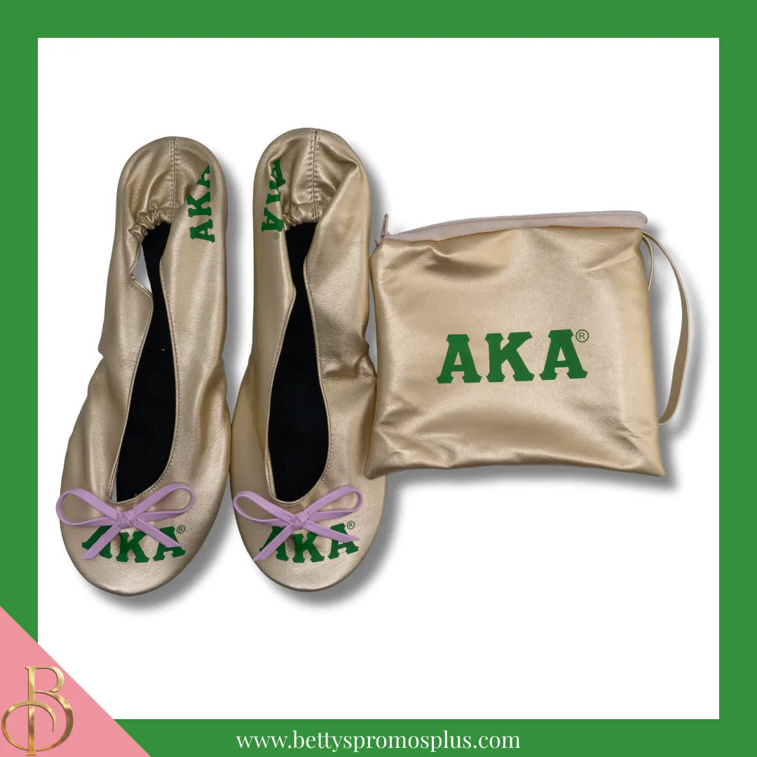 Alpha Kappa Alpha AKA Golden Soror Ballet Flats with Carrying Case-Alpha Kappa Alpha Paraphernalia-Alpha Kappa Alpha Ballet Flats-Betty's Promos Plus