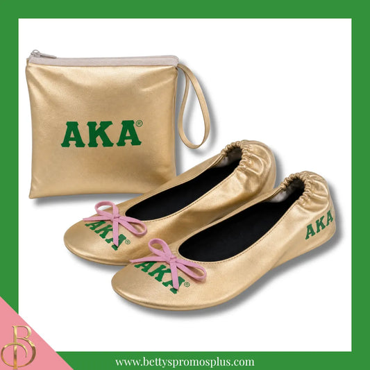 Alpha Kappa Alpha AKA Golden Soror Ballet Flats with Carrying Case-Alpha Kappa Alpha Paraphernalia-Alpha Kappa Alpha Ballet Flats-Betty's Promos Plus