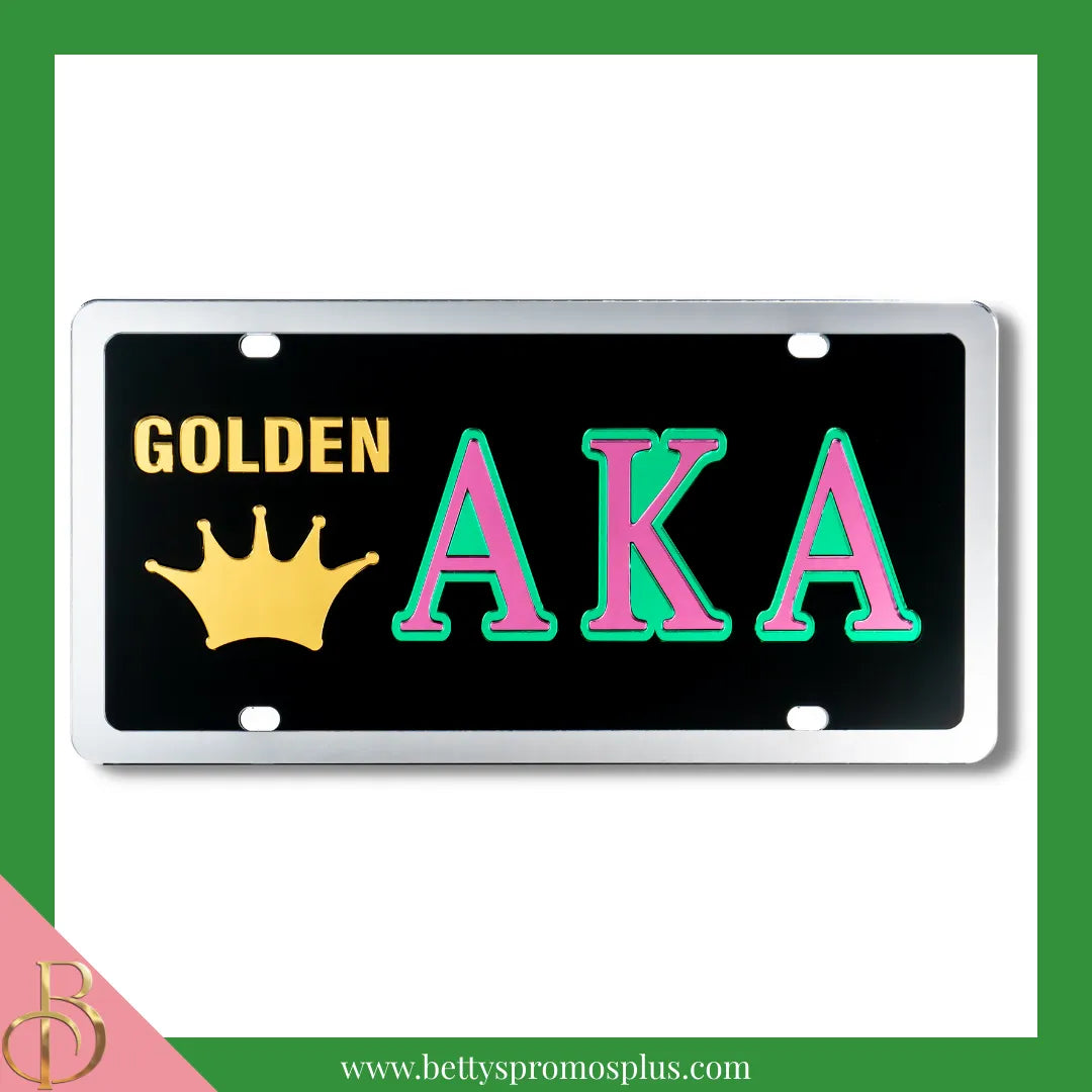 Alpha Kappa Alpha AKA Golden Soror Laser Engraved Mirrored Acrylic Auto Tag License Plate-Black Background-Silver Trim-Alpha Kappa Alpha Paraphernalia-Alpha Kappa Alpha Auto Tag-Betty's Promos Plus