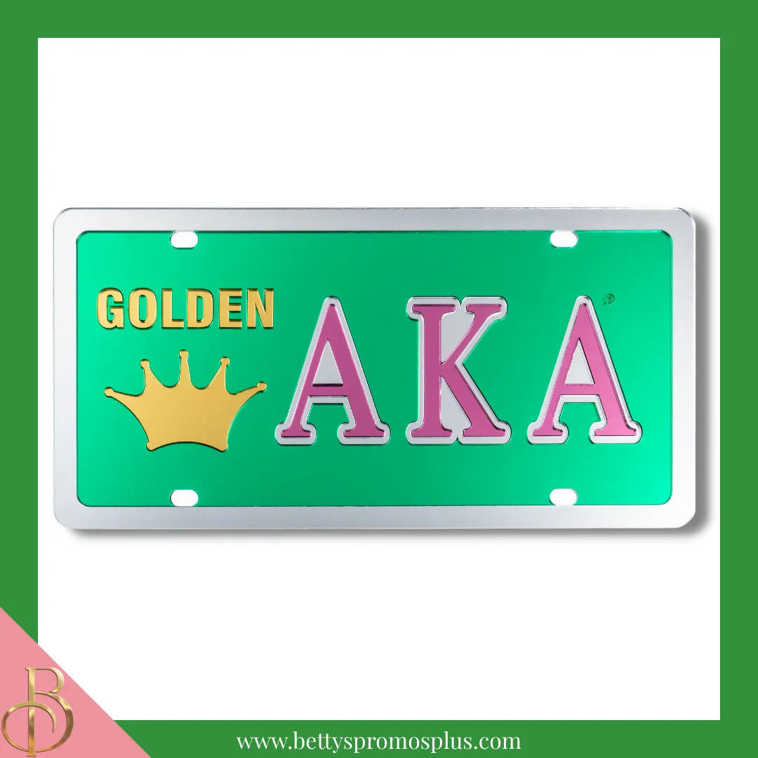 Alpha Kappa Alpha AKA Golden Soror Laser Engraved Mirrored Acrylic Auto Tag License Plate-Green Background-Silver Trim-Alpha Kappa Alpha Paraphernalia-Alpha Kappa Alpha Auto Tag-Betty's Promos Plus
