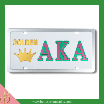 Alpha Kappa Alpha AKA Golden Soror Laser Engraved Mirrored Acrylic Auto Tag License Plate-White-Alpha Kappa Alpha Paraphernalia-Alpha Kappa Alpha Auto Tag-Betty's Promos Plus