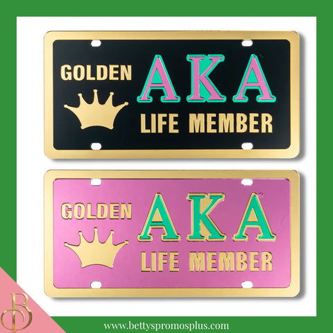 Alpha Kappa Alpha AKA Golden Soror Life Member Laser Engraved Mirrored Acrylic Auto Tag License Plate-Alpha Kappa Alpha Paraphernalia-Alpha Kappa Alpha Auto Tag-Betty's Promos Plus